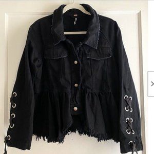 Free People Black Jean Jacket with Lace-Up Sleeves